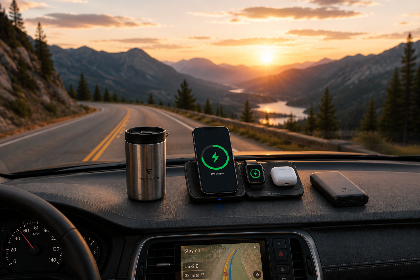 A car dashboard at sunset with a travel setup: a stainless steel tumbler, a smartphone on a wireless charging pad, a smartwatch on a charging case, a white earbud case, and a smartphone, all set against a scenic mountain road background.