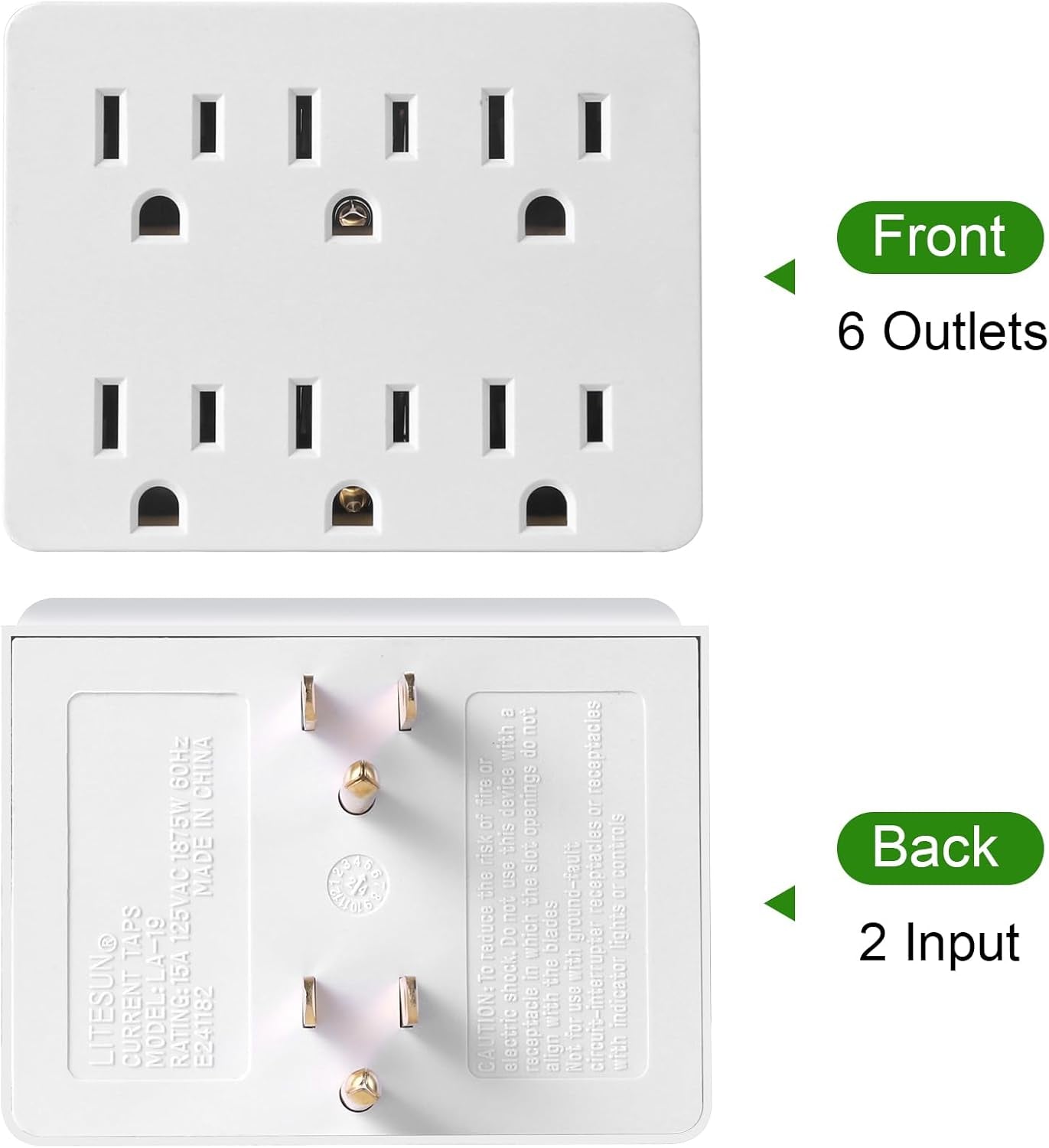 6 Outlet Wall Adapter,  UL Listed 3-Prong Grounded Outlet to the Side, Wall Plug Side Access Adapter, 6 Way Outlet Extender Tap, White (1 Pack)