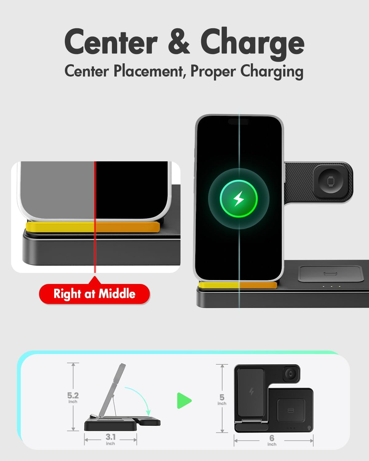 Wireless Charger Iphone Charging Station for Apple Multiple Devices | 3 in 1 Charger Stand for Iphone 17 Pro Max 17E 16 16E 15 14 13 12 & Watch Series 11-2 SE Ultra & Airpods 4 3 Pro, Black