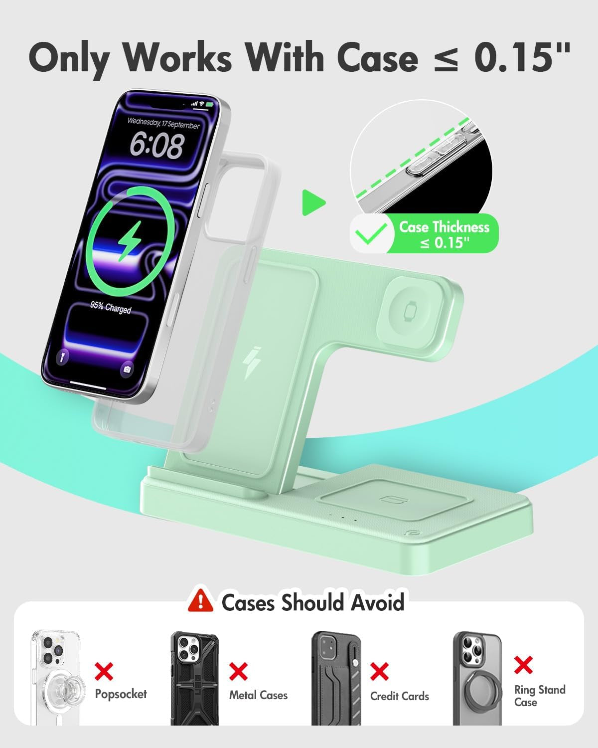 Wireless Charger Iphone Charging Station for Apple Multiple Devices | 3 in 1 Charger Stand for Iphone 17 Pro Max 17E 16 16E 15 14 13 12 & Watch Series 11-2 SE Ultra & Airpods 4 3 Pro, Light Green