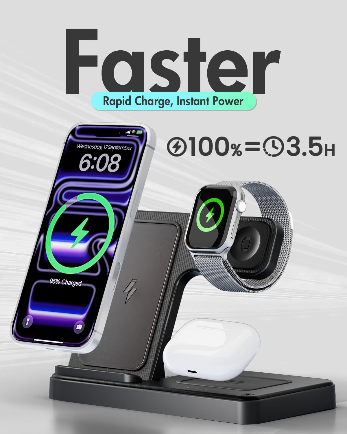Wireless Charger Iphone Charging Station for Apple Multiple Devices | 3 in 1 Charger Stand for Iphone 17 Pro Max 17E 16 16E 15 14 13 12 & Watch Series 11-2 SE Ultra & Airpods 4 3 Pro, Black