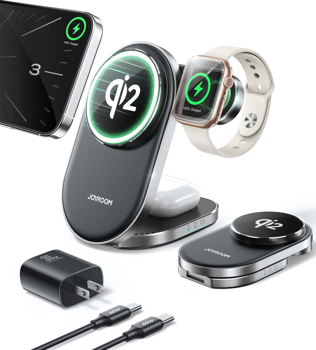 Qi2 3 in 1 Wireless Charging Station, 15W Fast Wireless Charger Stand for Iphone 16/15/14/13, Apple Watch, Airpods, Magnetic Foldable for Magsafe Charger for Multiple Devices (With 30W Adapter)