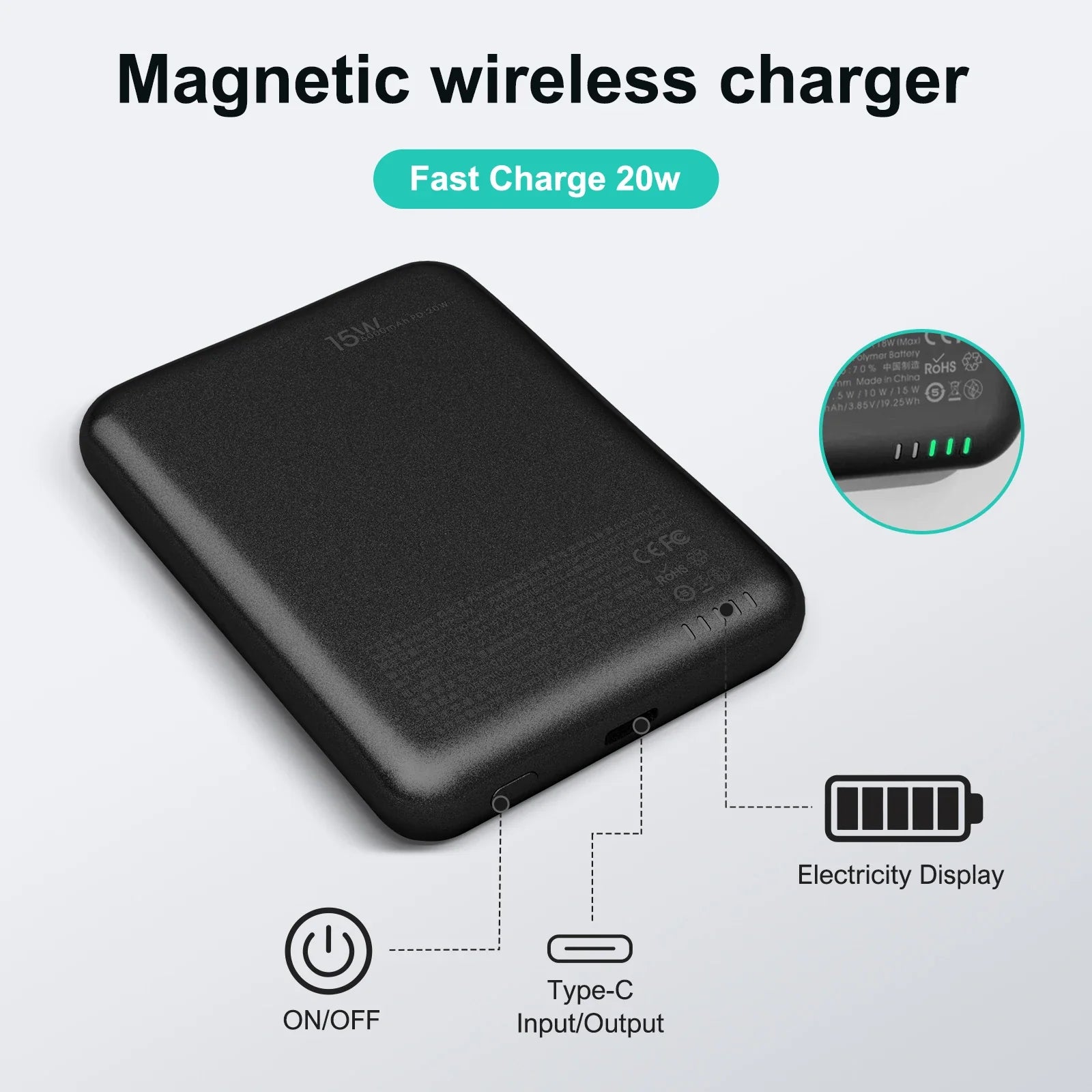 Magnetic Power Bank Portable 5000Mah Wireless Charger 20W with USB-C Cable for Iphone 16/15/14/13/12 Pro/Pro Max/Plus/Mini
