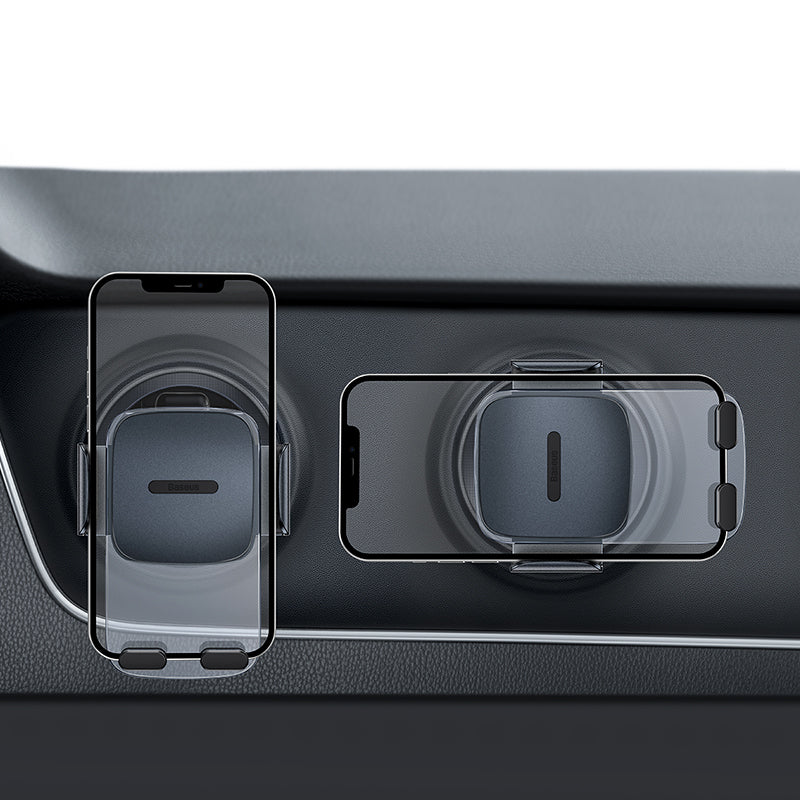 Car phone mount air vent holder displayed with two smartphone sizes in a vehicle's air vent.