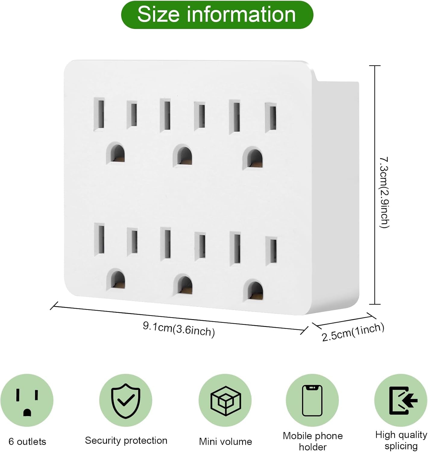 6 Outlet Wall Adapter,  UL Listed 3-Prong Grounded Outlet to the Side, Wall Plug Side Access Adapter, 6 Way Outlet Extender Tap, White (1 Pack)