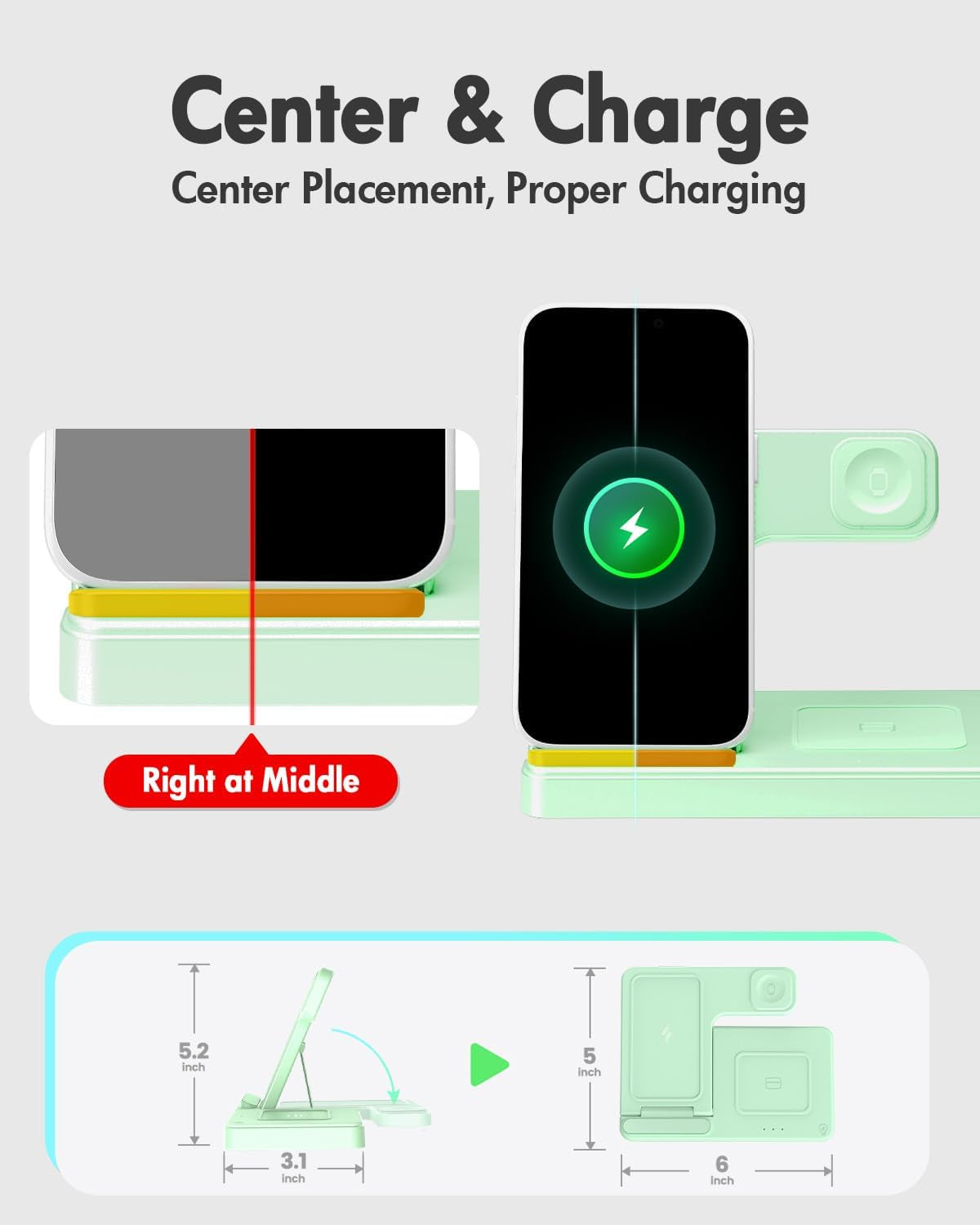 Wireless Charger Iphone Charging Station for Apple Multiple Devices | 3 in 1 Charger Stand for Iphone 17 Pro Max 17E 16 16E 15 14 13 12 & Watch Series 11-2 SE Ultra & Airpods 4 3 Pro, Light Green