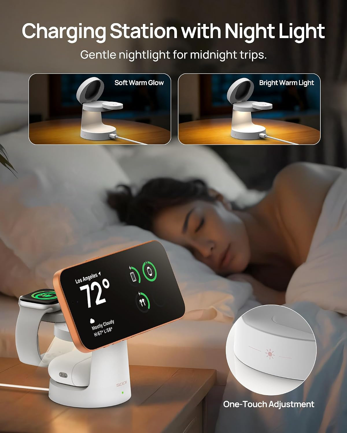 25W Wireless Charger with Night Light, 3 in 1 Charging Station, Charging Dock for Iphone 17/16, Pixel 10, Apple Watch & Airpods, 45W Adapter Included, White