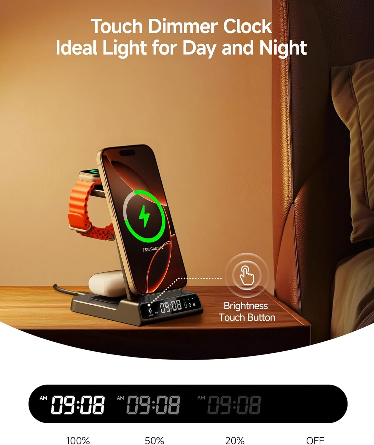 3 in 1 Wireless Charger for Iphone 8-17, Apple Watch Ultra/11, Airpods | Dimmable LED Clock, 5W Apple Watch Fast Charge, Dual-Angle Charging Stand, Case-Friendly, Compact Design, Multi-Protection