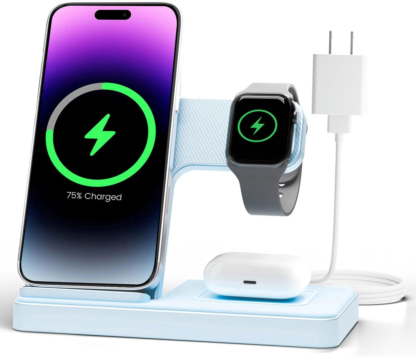 Wireless Charger Iphone Charging Station for Apple Multiple Devices | 3 in 1 Charger Stand for Iphone 17 Pro Max 17E 16 16E 15 14 13 12 & Watch Series 11-2 SE Ultra & Airpods 4 3 Pro, Blue