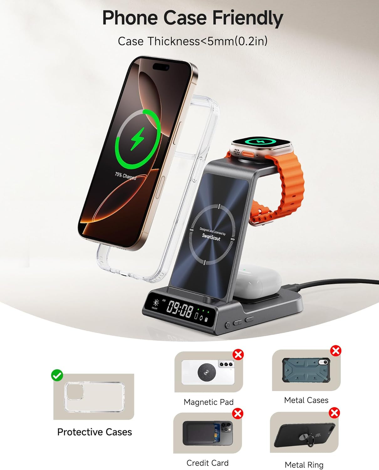 3 in 1 Wireless Charger for Iphone 8-17, Apple Watch Ultra/11, Airpods | Dimmable LED Clock, 5W Apple Watch Fast Charge, Dual-Angle Charging Stand, Case-Friendly, Compact Design, Multi-Protection