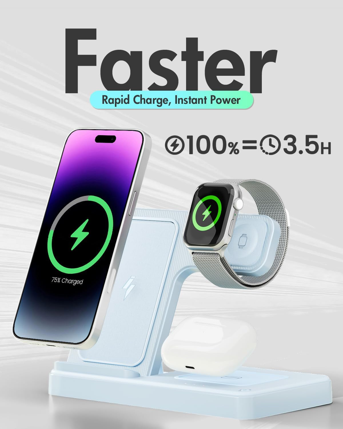 Wireless Charger Iphone Charging Station for Apple Multiple Devices | 3 in 1 Charger Stand for Iphone 17 Pro Max 17E 16 16E 15 14 13 12 & Watch Series 11-2 SE Ultra & Airpods 4 3 Pro, Blue