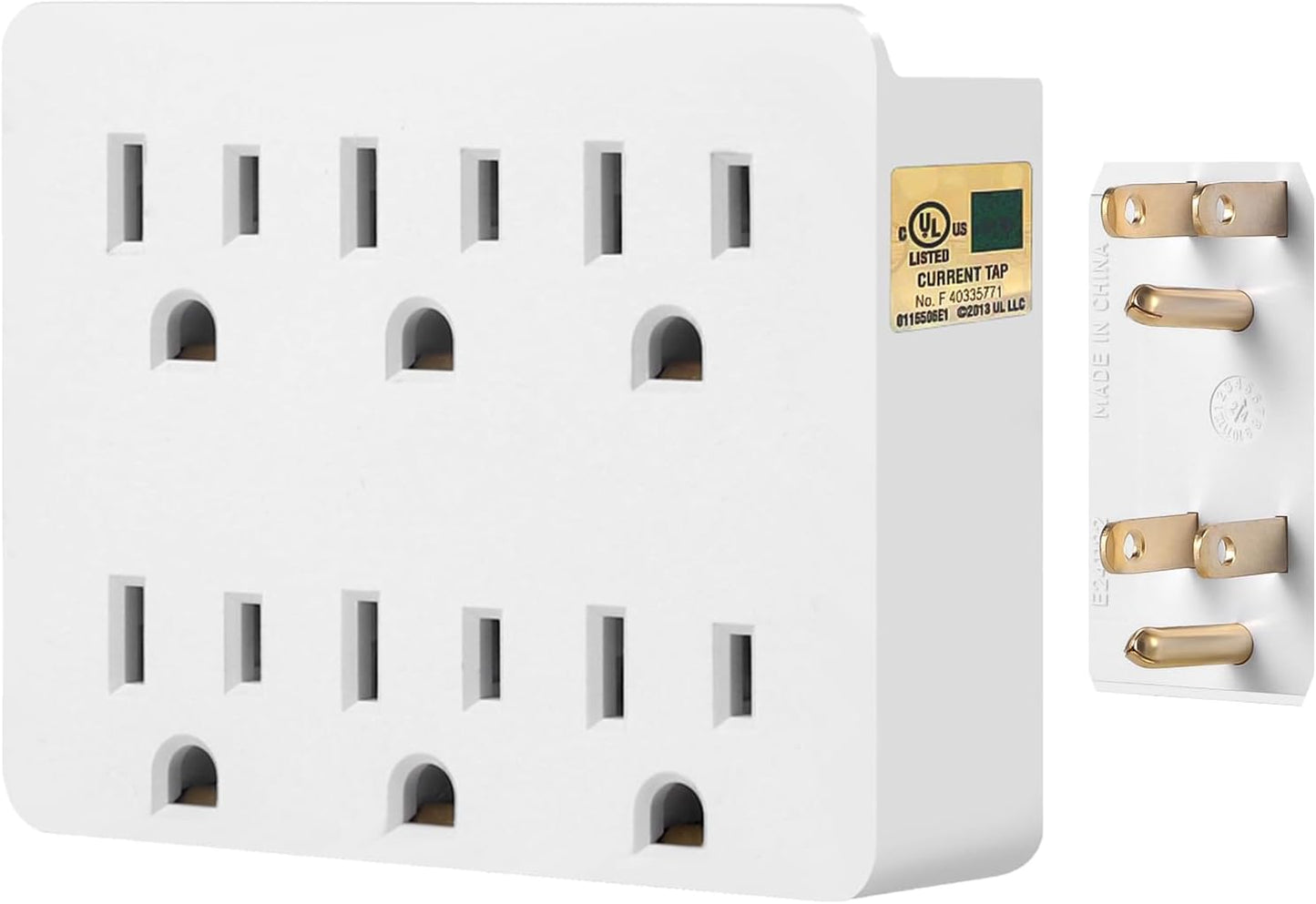 6 Outlet Wall Adapter,  UL Listed 3-Prong Grounded Outlet to the Side, Wall Plug Side Access Adapter, 6 Way Outlet Extender Tap, White (1 Pack)