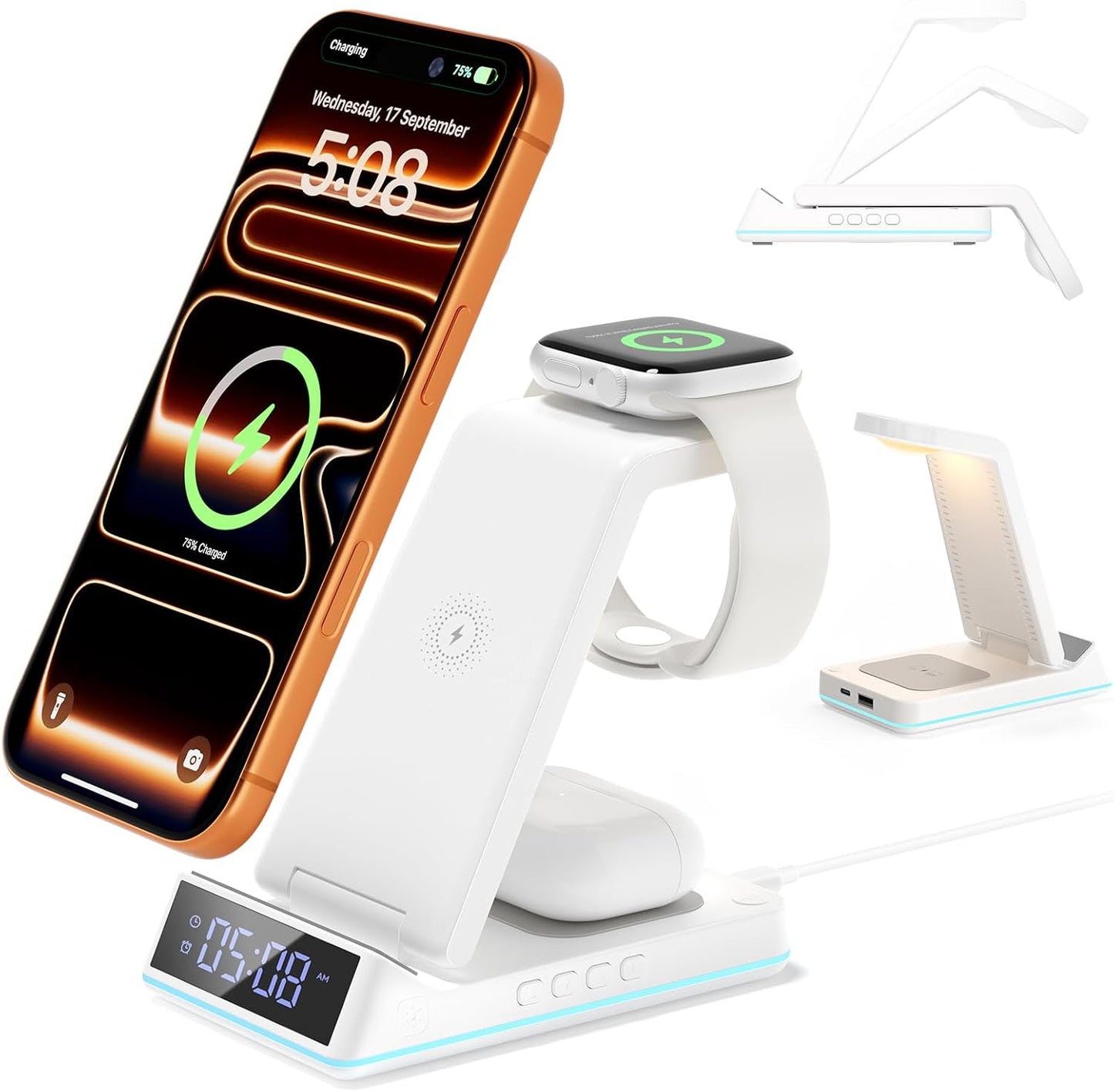 Wireless Charging Station, 7 in 1 Wireless Charger Foldable Charger Stand | 2026 Upgraded with Night Light/Alarm Clock for Iphone 17-12 Pro Max Plus, Apple Watch, Airpods Gifts