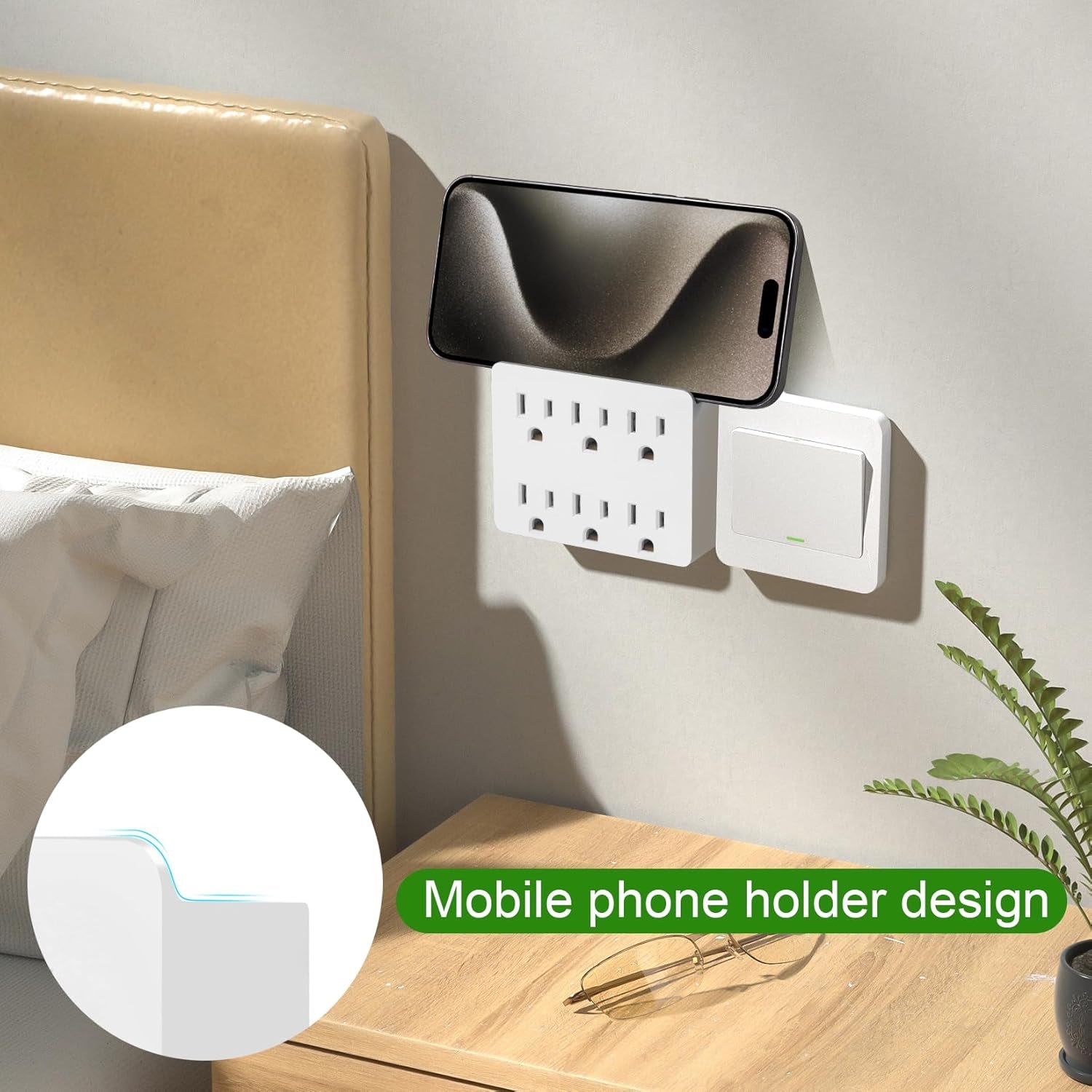6 Outlet Wall Adapter,  UL Listed 3-Prong Grounded Outlet to the Side, Wall Plug Side Access Adapter, 6 Way Outlet Extender Tap, White (1 Pack)