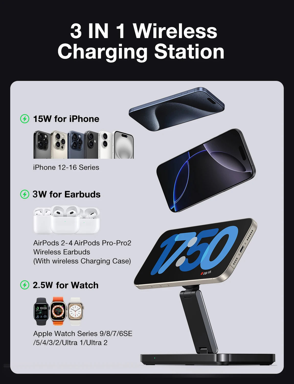 Foldable Magnetic Wireless Charging Station 3 in 1 Fast Charging Dock Station for Magsafe for Iphone 17 Apple Watch Airpods