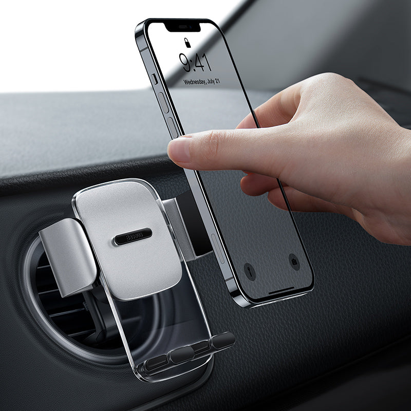 Tri Charge Co car phone mount air vent holder securely holding a phone during installation on car air vent