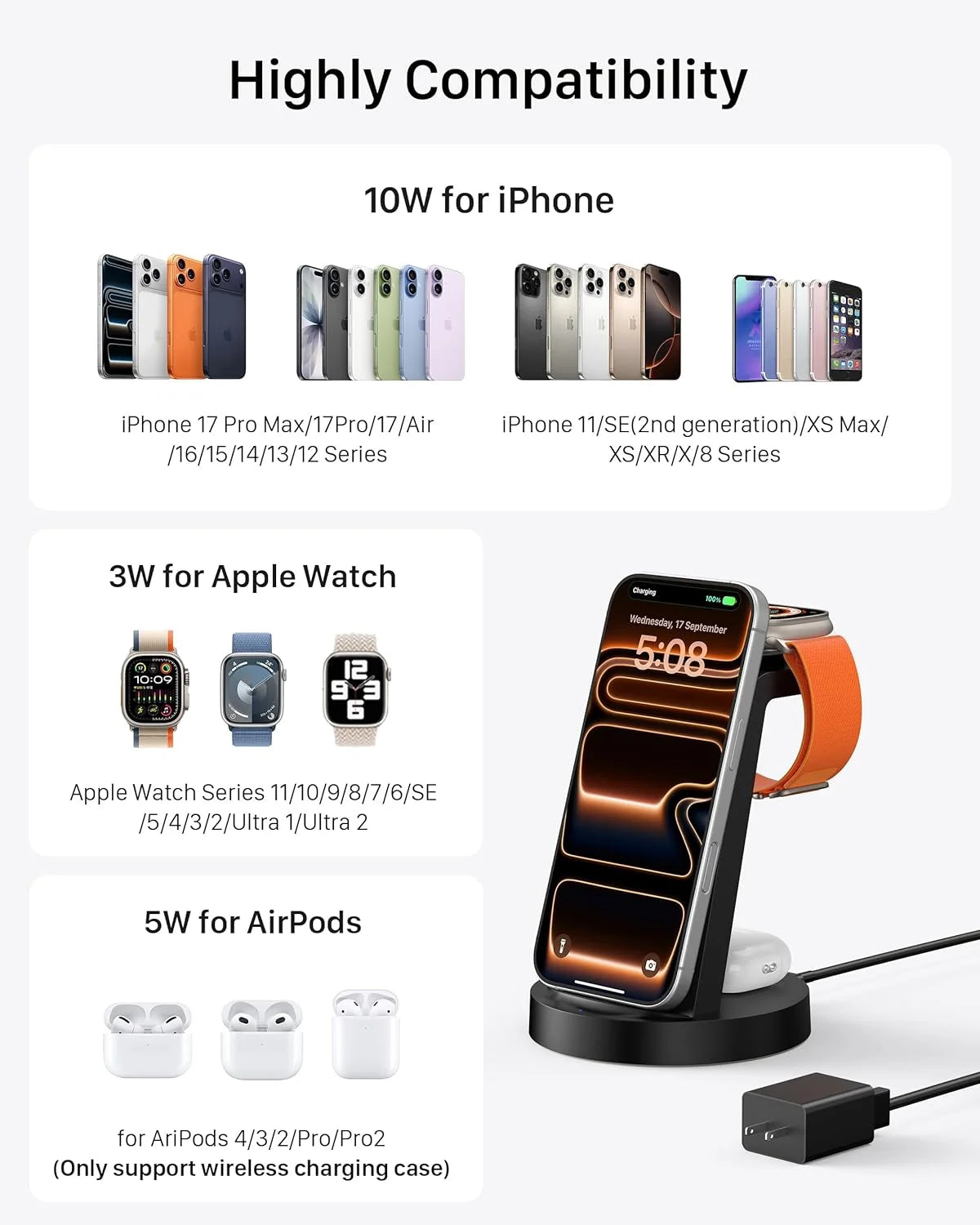 18W Wireless Charger for Iphone - 3 in 1 Charging Station Compatible with Iphone 17/16E/16/15/14/13/12 Pro Max, for Iwatch & Air Pods 4 3 Pro, Black