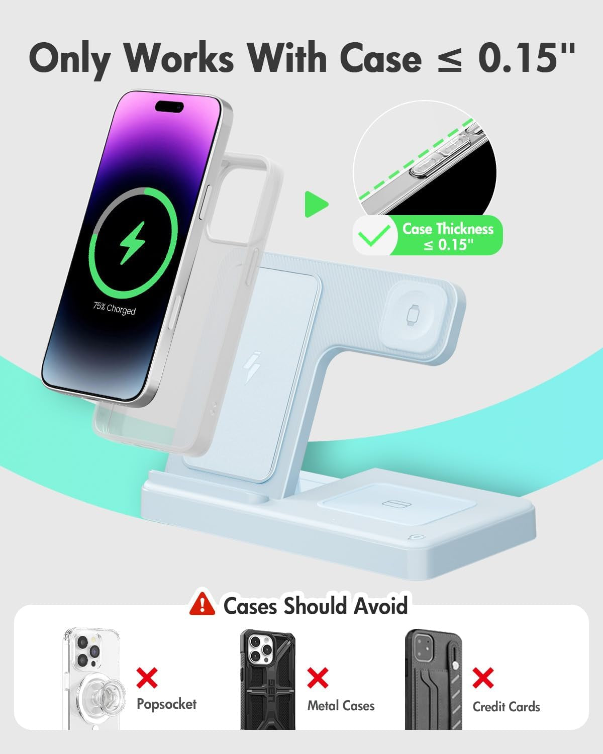 Wireless Charger Iphone Charging Station for Apple Multiple Devices | 3 in 1 Charger Stand for Iphone 17 Pro Max 17E 16 16E 15 14 13 12 & Watch Series 11-2 SE Ultra & Airpods 4 3 Pro, Blue