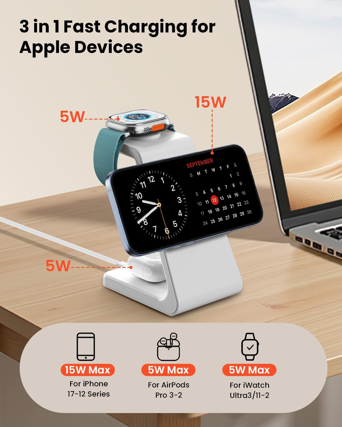 Magsafe Wireless Charging Station for Iphone: Certified 15W Fast Charging Station, 3 in 1 Magnetic Charger Stand for Iphone 17/16/15/14/13/12 Series, Apple Watch, Airpods 4/3/Pro