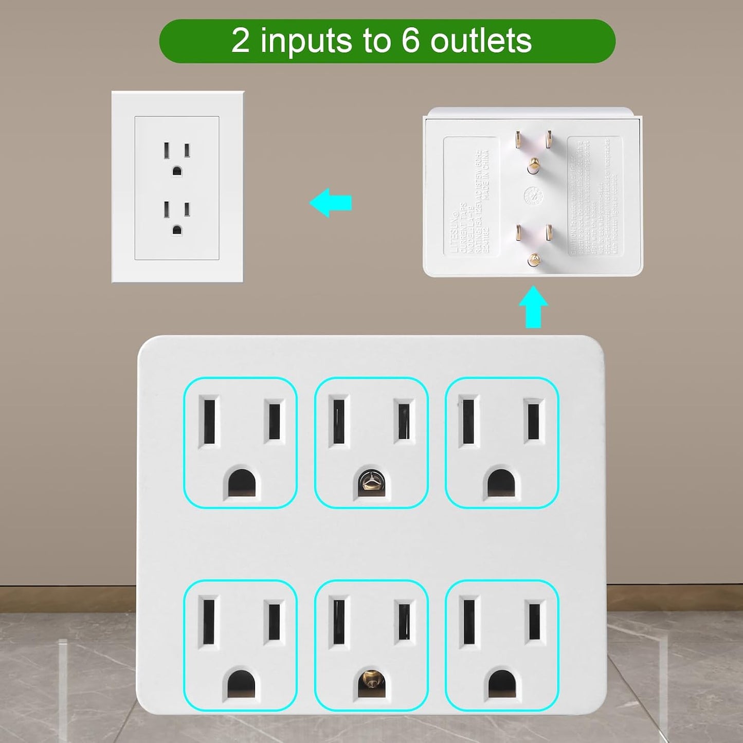 6 Outlet Wall Adapter,  UL Listed 3-Prong Grounded Outlet to the Side, Wall Plug Side Access Adapter, 6 Way Outlet Extender Tap, White (1 Pack)