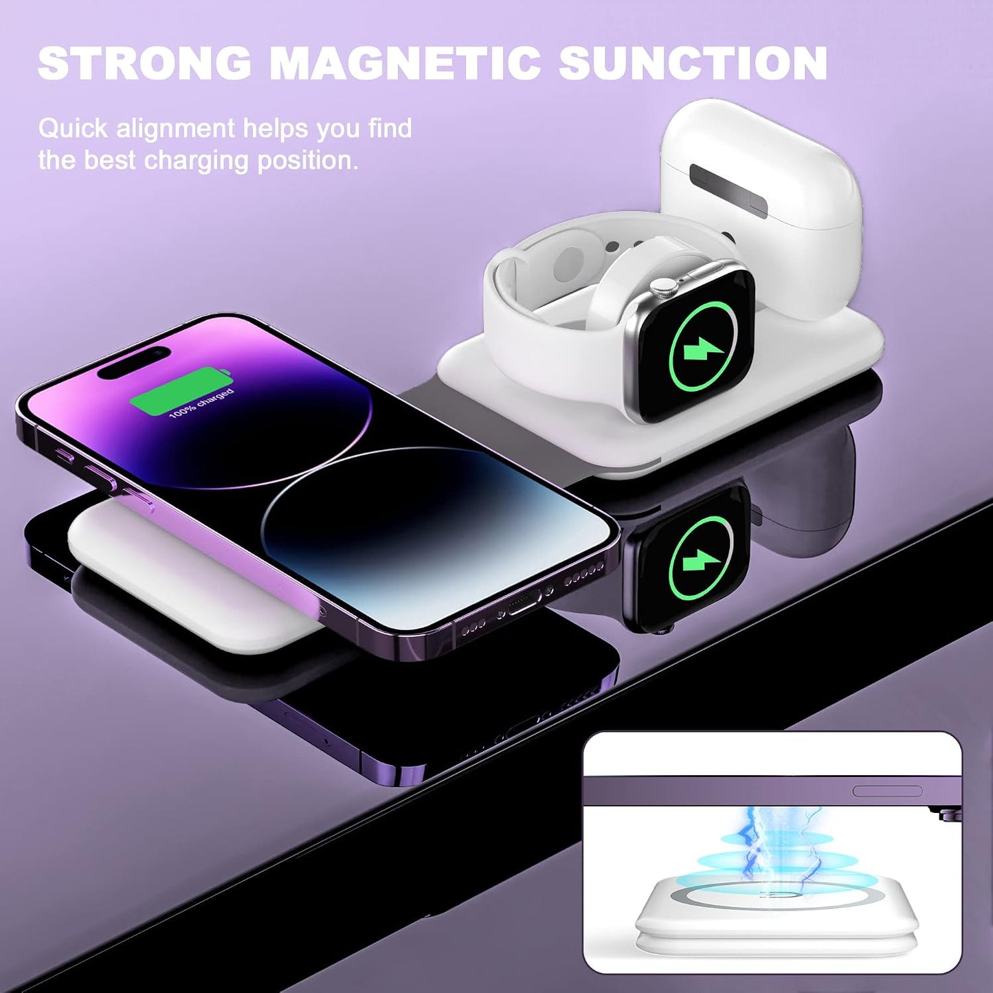 3 in 1 Wireless Charger, Foldable Magnetic Charging Station, Fast Travel Wireless Charging Pad for Multiple Apple Devices