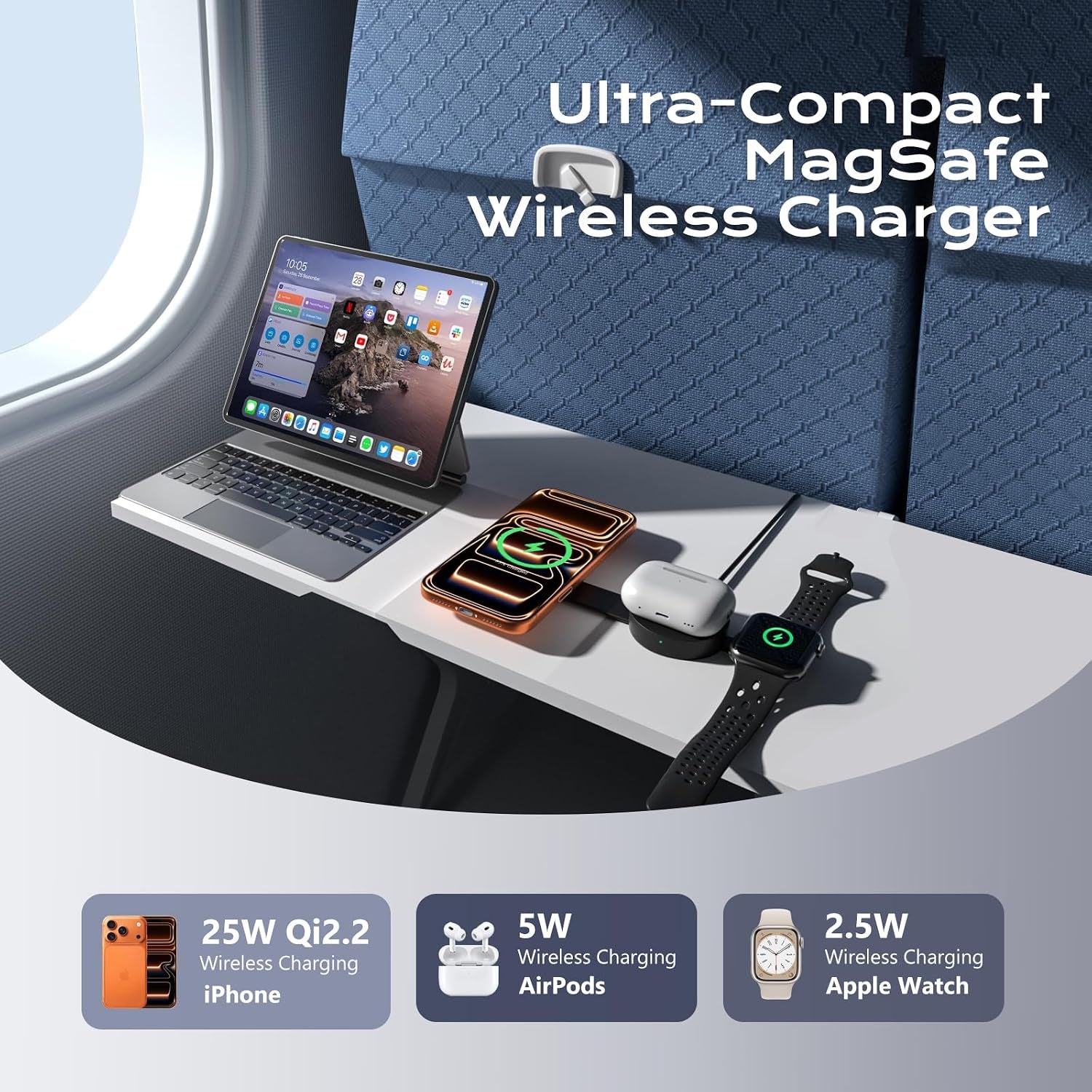 Qi2.2 Certified 25W 3 in 1 Wireless Charging Station for Apple, Foldable Mini Magsafe Travel Charger Pad for Iphone 17-12 Series, Apple Watch & Airpods, Magnetic Charging Dock with 45W Adapter