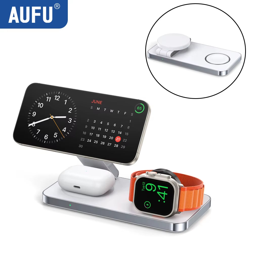 Foldable Magnetic Wireless Charging Station 3 in 1 Fast Charging Dock Station for Magsafe for Iphone 17 Apple Watch Airpods