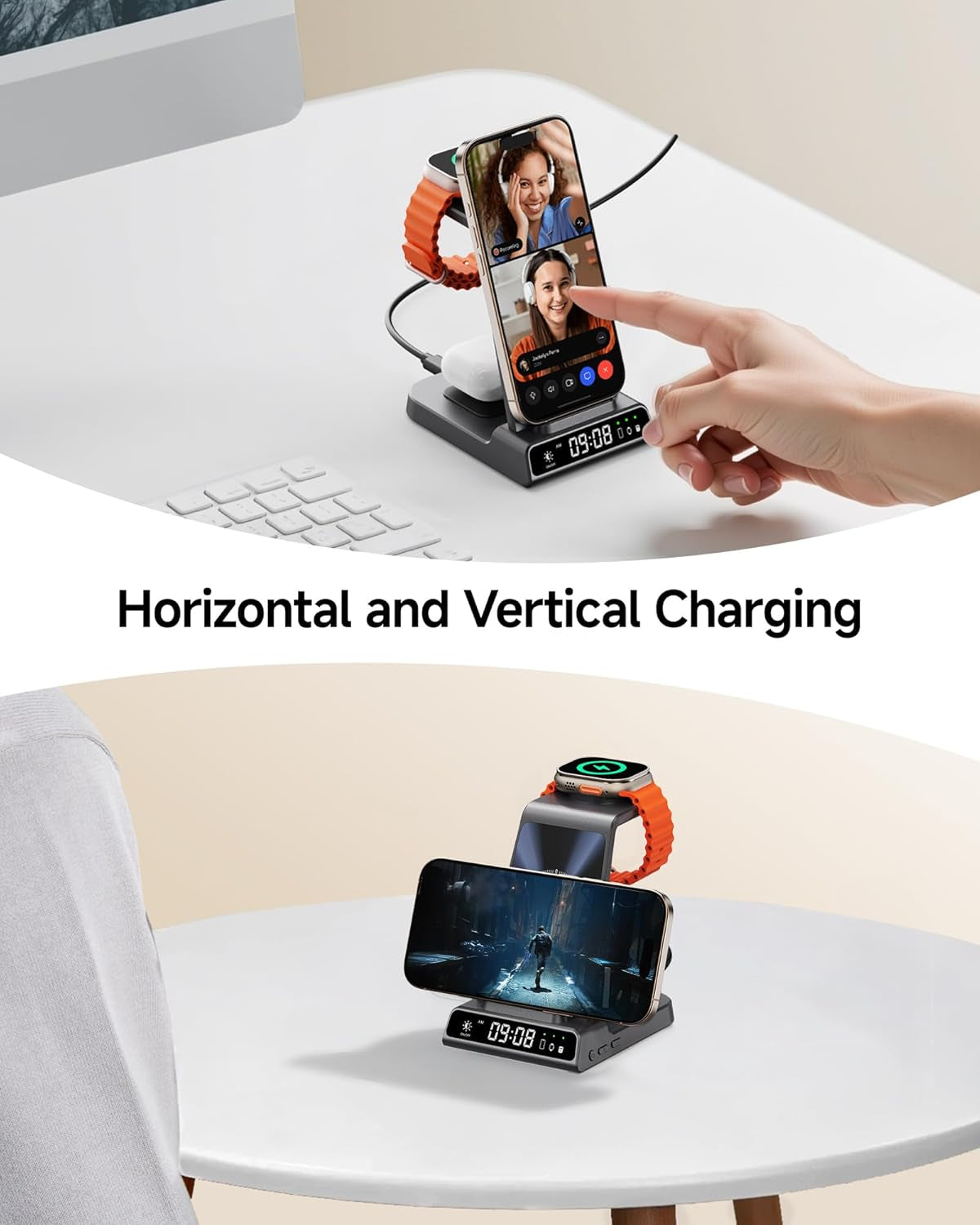 3 in 1 Wireless Charger for Iphone 8-17, Apple Watch Ultra/11, Airpods | Dimmable LED Clock, 5W Apple Watch Fast Charge, Dual-Angle Charging Stand, Case-Friendly, Compact Design, Multi-Protection