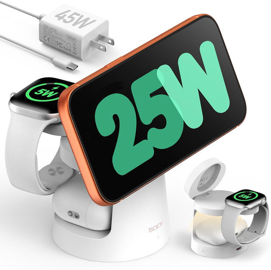 25W Wireless Charger with Night Light, 3 in 1 Charging Station, Charging Dock for Iphone 17/16, Pixel 10, Apple Watch & Airpods, 45W Adapter Included, White