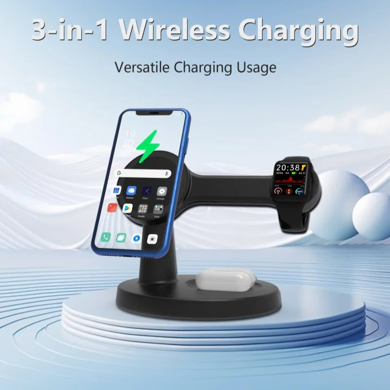 New 3-In-1 Magnetic Wireless Charging Stand for Desktop with 15W Fast Charging for Mobile Phones, Headphones and Watches