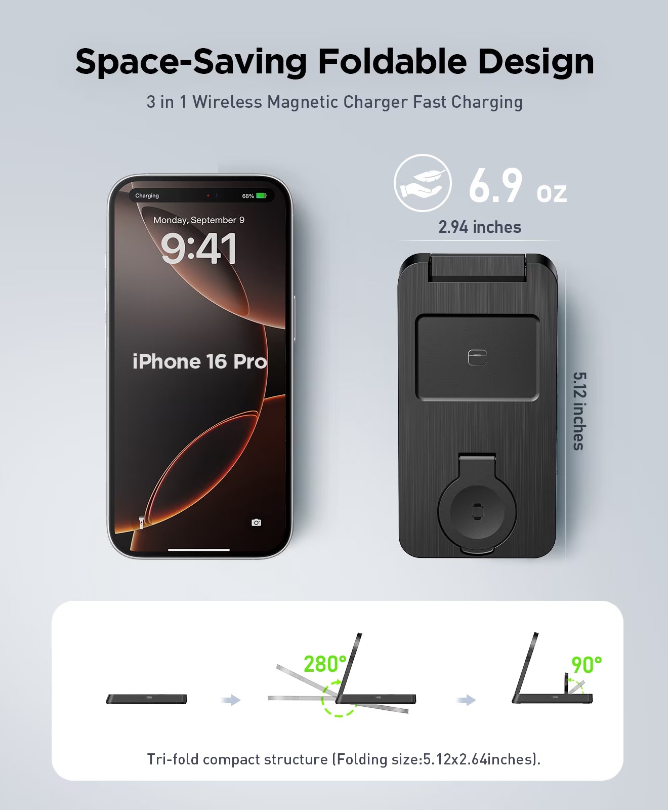 3 in 1 Magnetic Charging Station - 2026 Foldable Wireless Charger Compatible for Iphone 17/16/15/14/13/12 plus Pro Max, Portable Charger Dock for Iwatch & Airpods