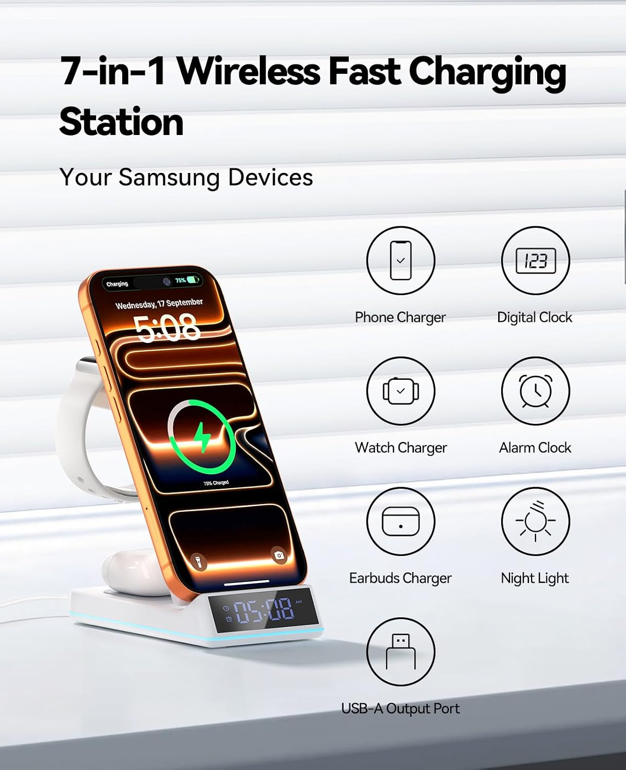 Wireless Charging Station, 7 in 1 Wireless Charger Foldable Charger Stand | 2026 Upgraded with Night Light/Alarm Clock for Iphone 17-12 Pro Max Plus, Apple Watch, Airpods Gifts