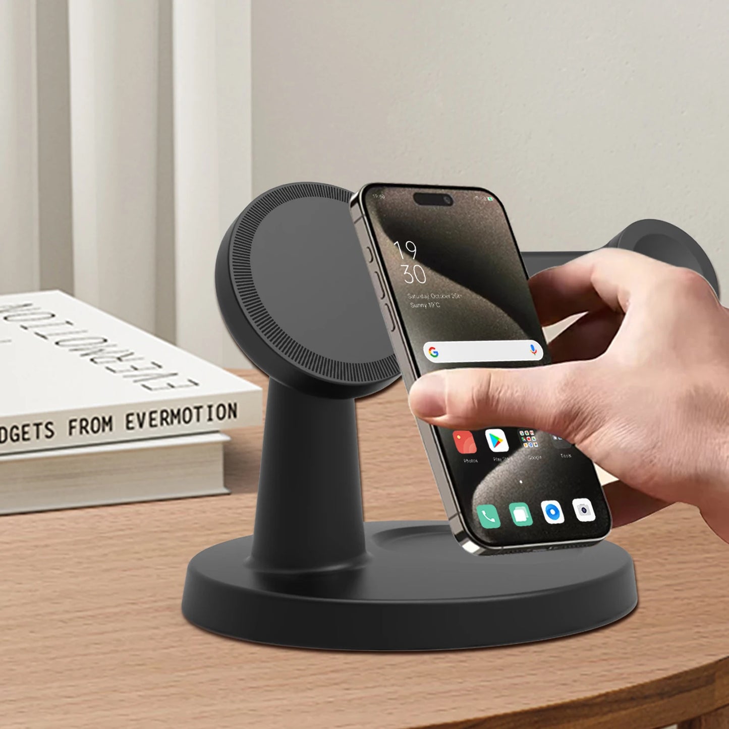 New 3-In-1 Magnetic Wireless Charging Stand for Desktop with 15W Fast Charging for Mobile Phones, Headphones and Watches