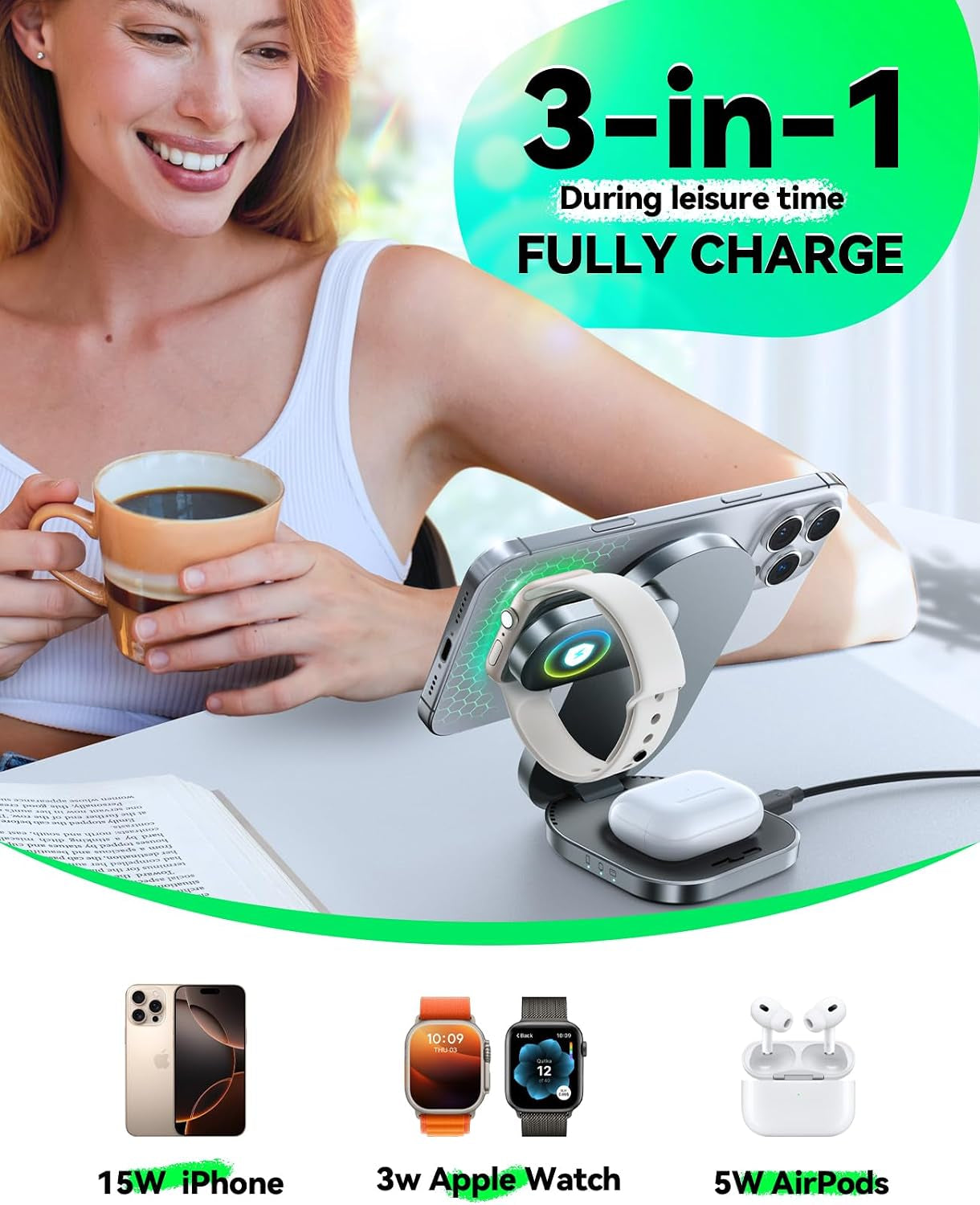Qi2 3 in 1 Wireless Charging Station, 15W Fast Wireless Charger Stand for Iphone 16/15/14/13, Apple Watch, Airpods, Magnetic Foldable for Magsafe Charger for Multiple Devices (With 30W Adapter)