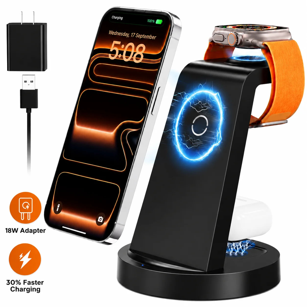 18W Wireless Charger for Iphone - 3 in 1 Charging Station Compatible with Iphone 17/16E/16/15/14/13/12 Pro Max, for Iwatch & Air Pods 4 3 Pro, Black