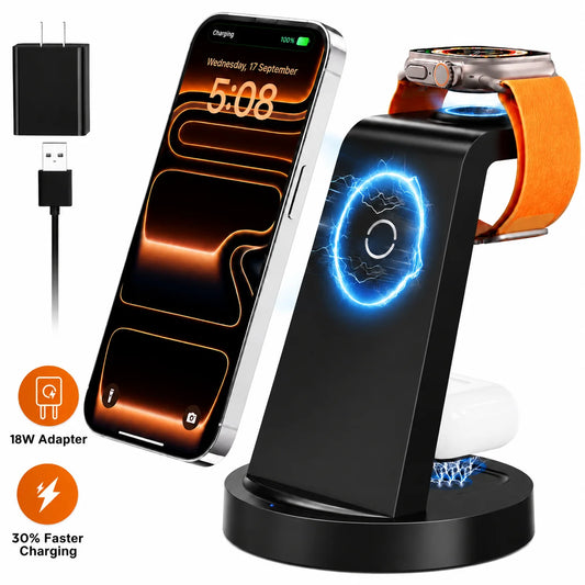 18W Wireless Charger for Iphone - 3 in 1 Charging Station Compatible with Iphone 17/16E/16/15/14/13/12 Pro Max, for Iwatch & Air Pods 4 3 Pro, Black