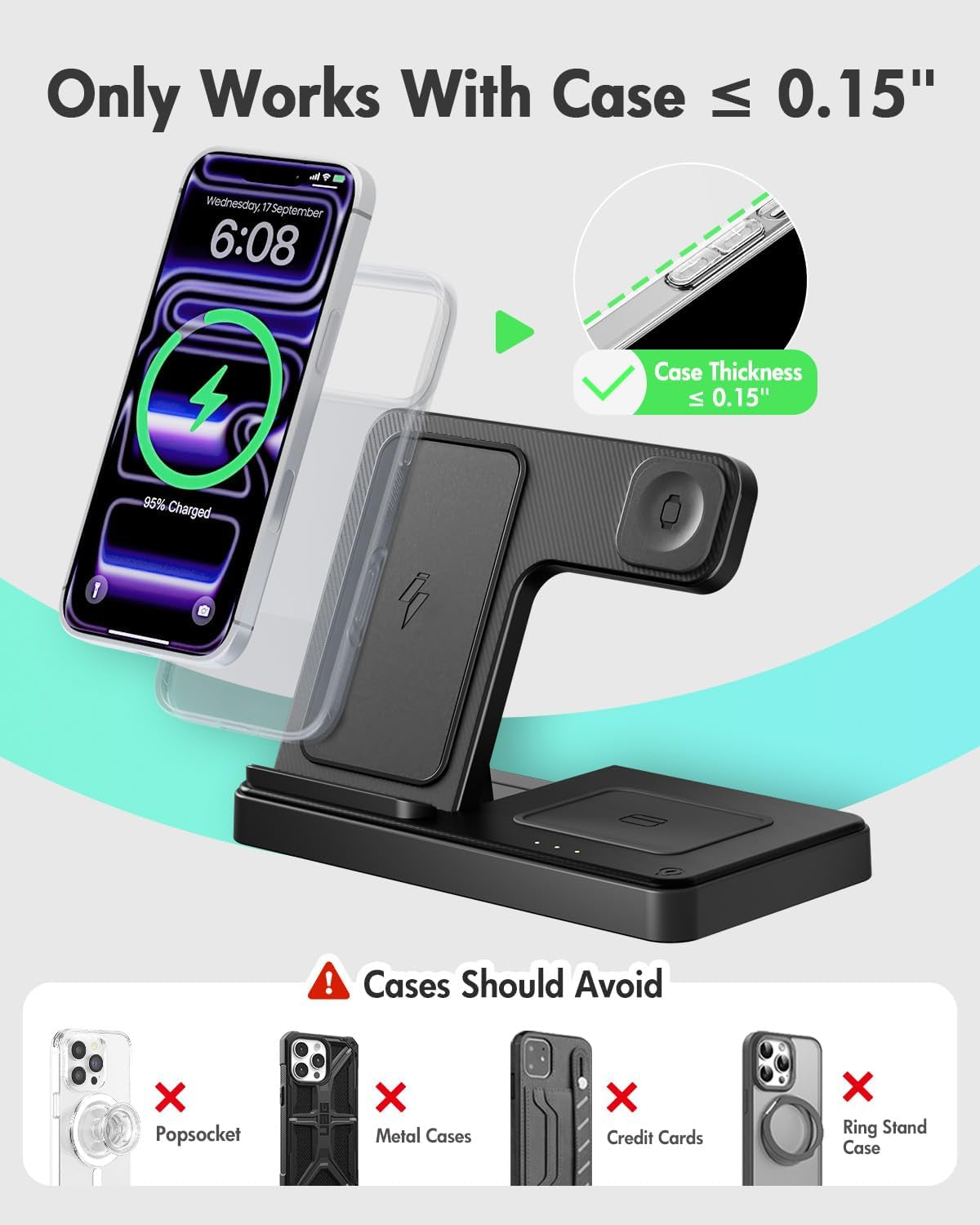 Wireless Charger Iphone Charging Station for Apple Multiple Devices | 3 in 1 Charger Stand for Iphone 17 Pro Max 17E 16 16E 15 14 13 12 & Watch Series 11-2 SE Ultra & Airpods 4 3 Pro, Black