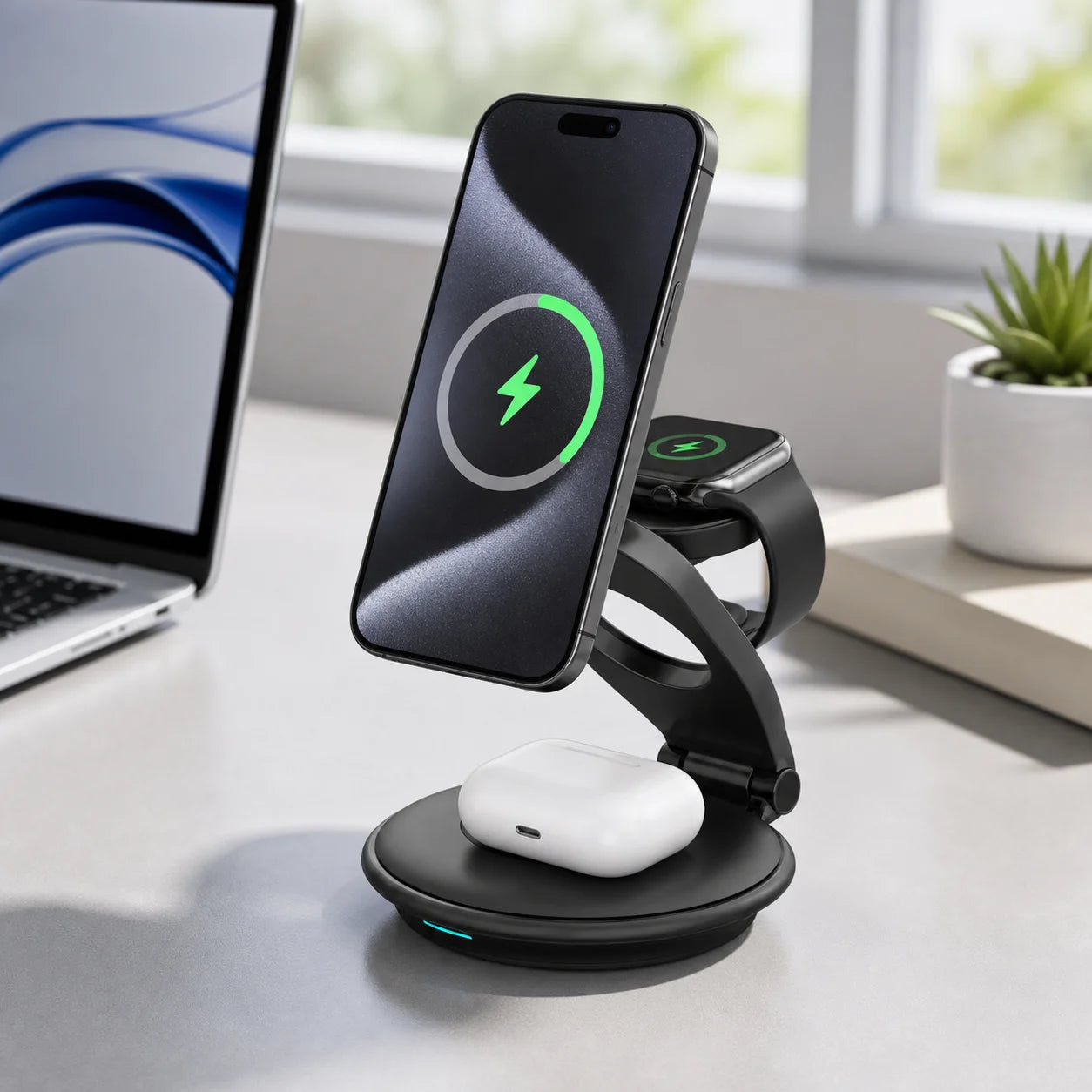 Foldable 3-in-1 Magnetic Wireless Charging Dock – Travel-Ready, FCC Certified