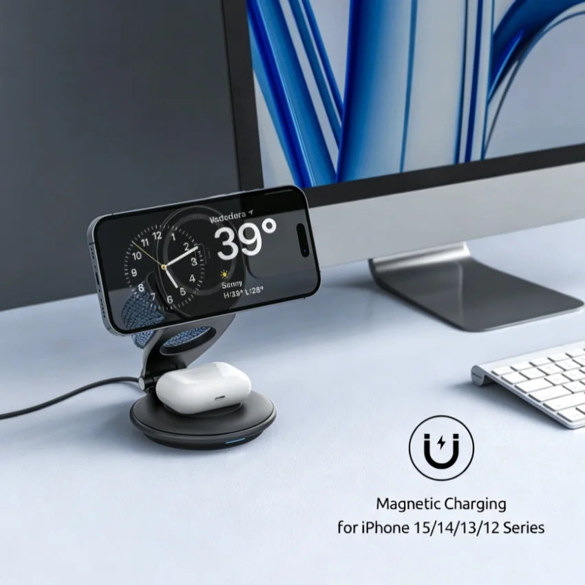 Foldable 3-in-1 Magnetic Wireless Charging Dock – Travel-Ready, FCC Certified