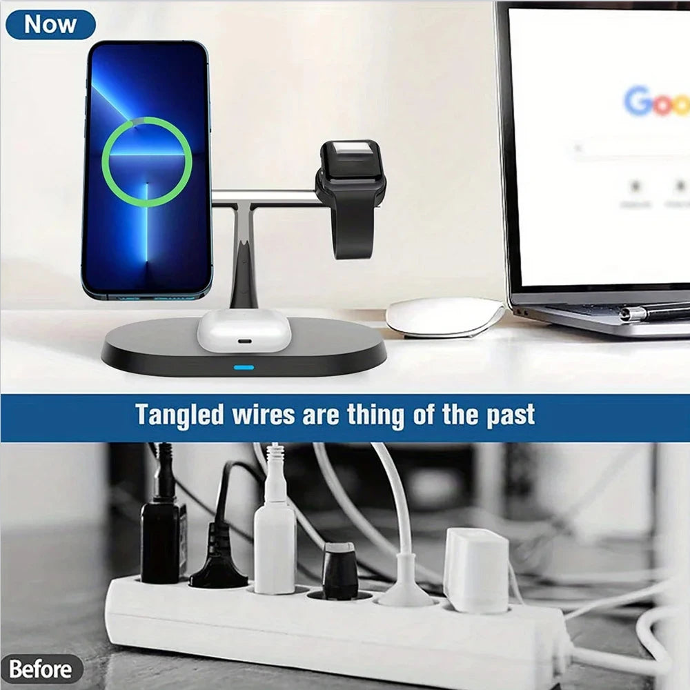 30W 3-in-1 Magnetic Wireless Charger Stand – 9-Layer Safety, iPhone 14–17 Compatible
