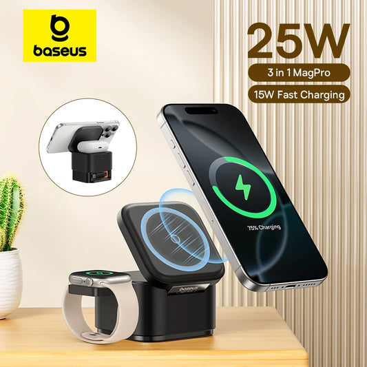Baseus 25W 3-in-1 Magnetic Wireless Charger – iPhone, AirPods & Smartwatch