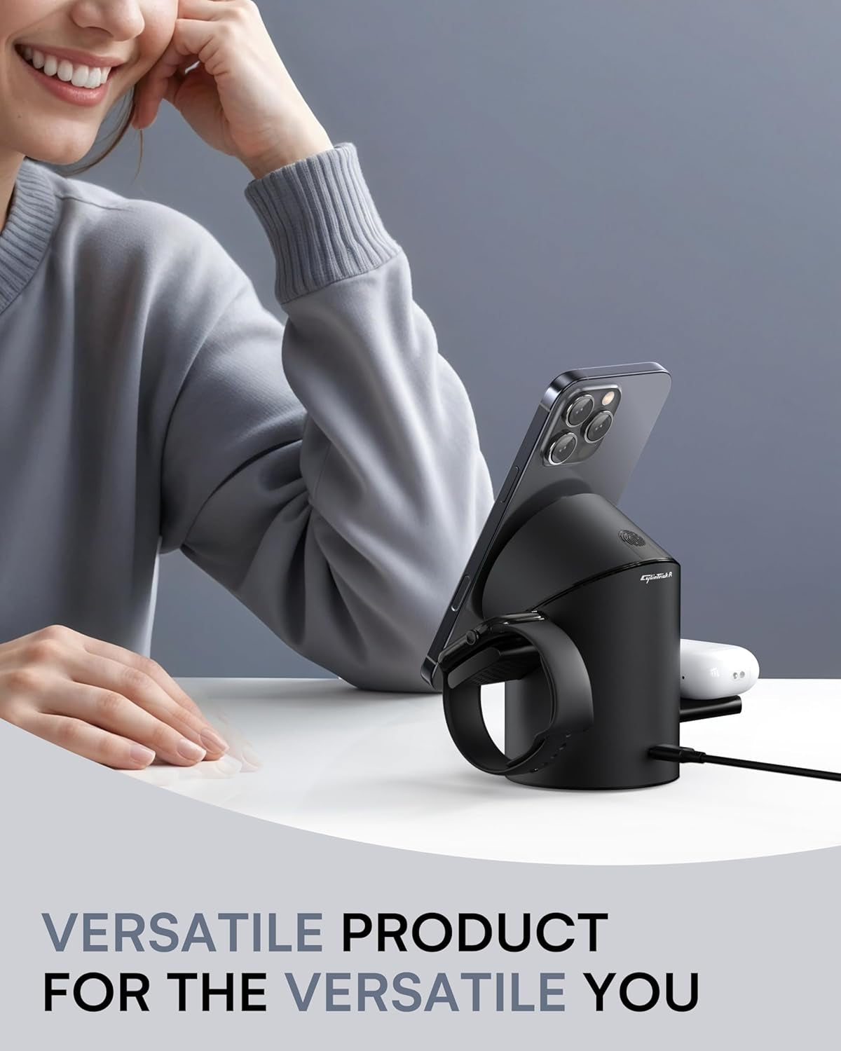 3 in 1 Charging Station for Apple Devices, Mag-Safe Charger Stand, Qi2 15W Auto-Rotating Wireless Charger for Iphone 17 16/15/14/13/12 Series& Airpods& Iwatch(Black)
