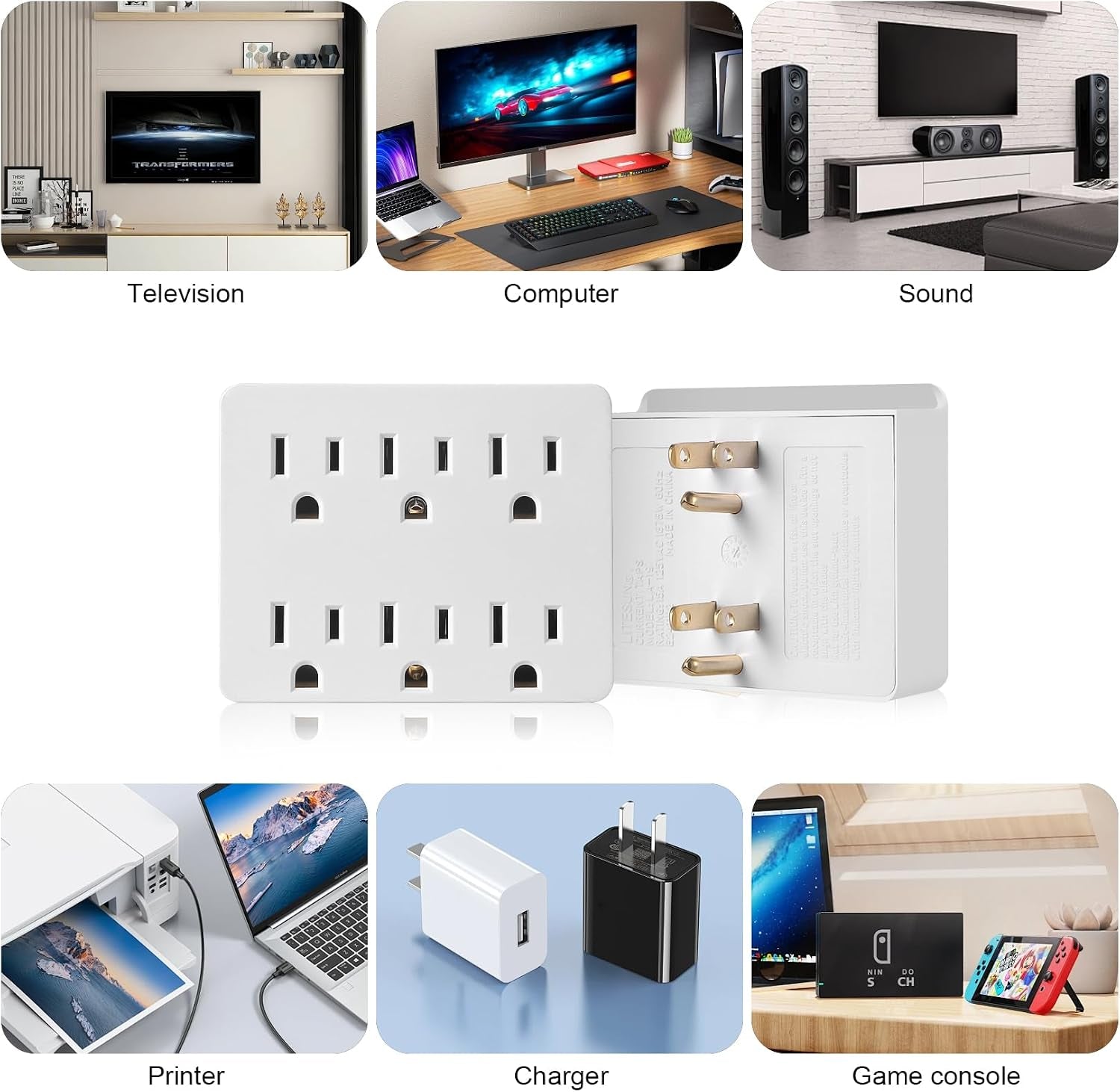 6 Outlet Wall Adapter,  UL Listed 3-Prong Grounded Outlet to the Side, Wall Plug Side Access Adapter, 6 Way Outlet Extender Tap, White (1 Pack)