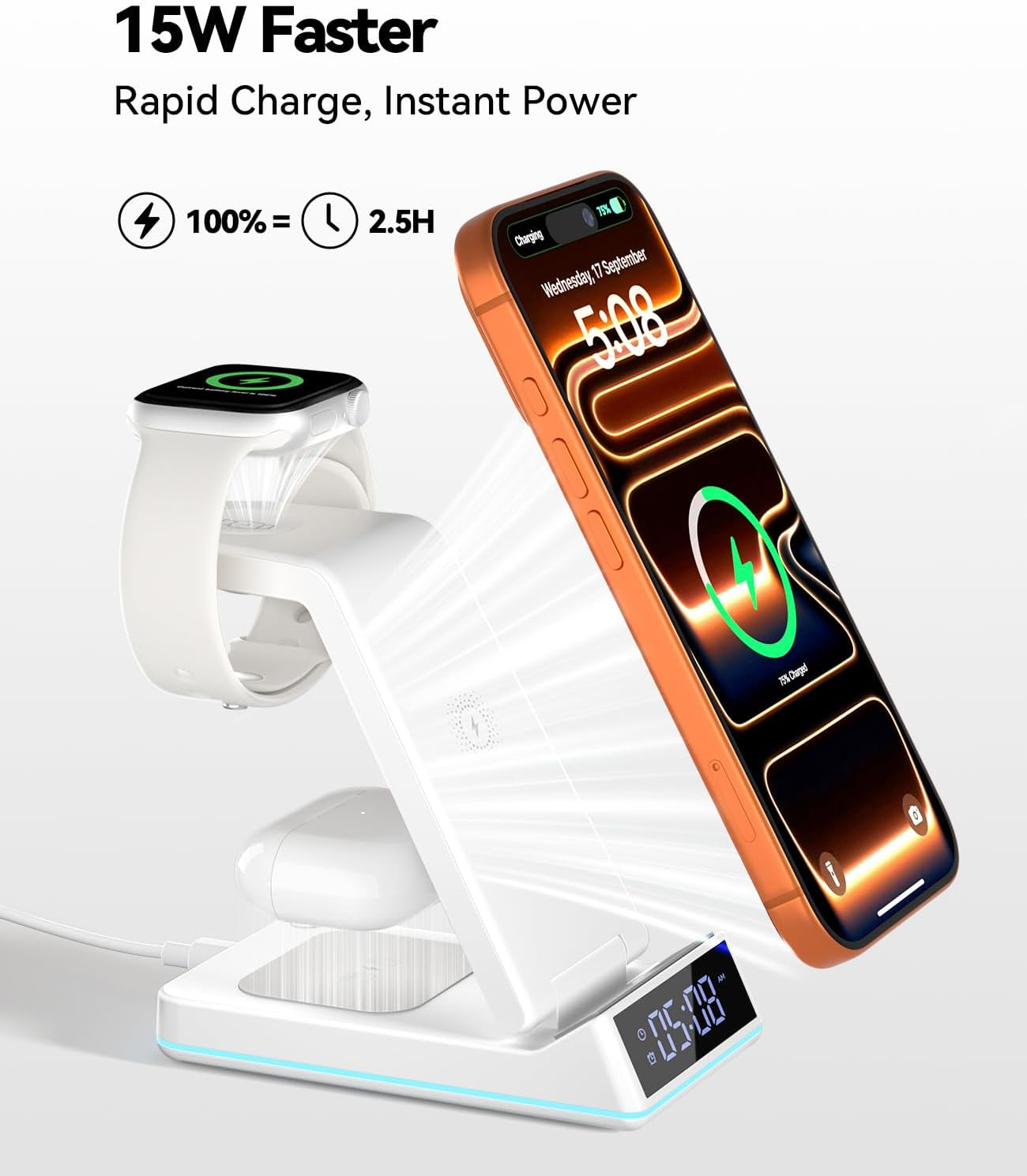 Wireless Charging Station, 7 in 1 Wireless Charger Foldable Charger Stand | 2026 Upgraded with Night Light/Alarm Clock for Iphone 17-12 Pro Max Plus, Apple Watch, Airpods Gifts
