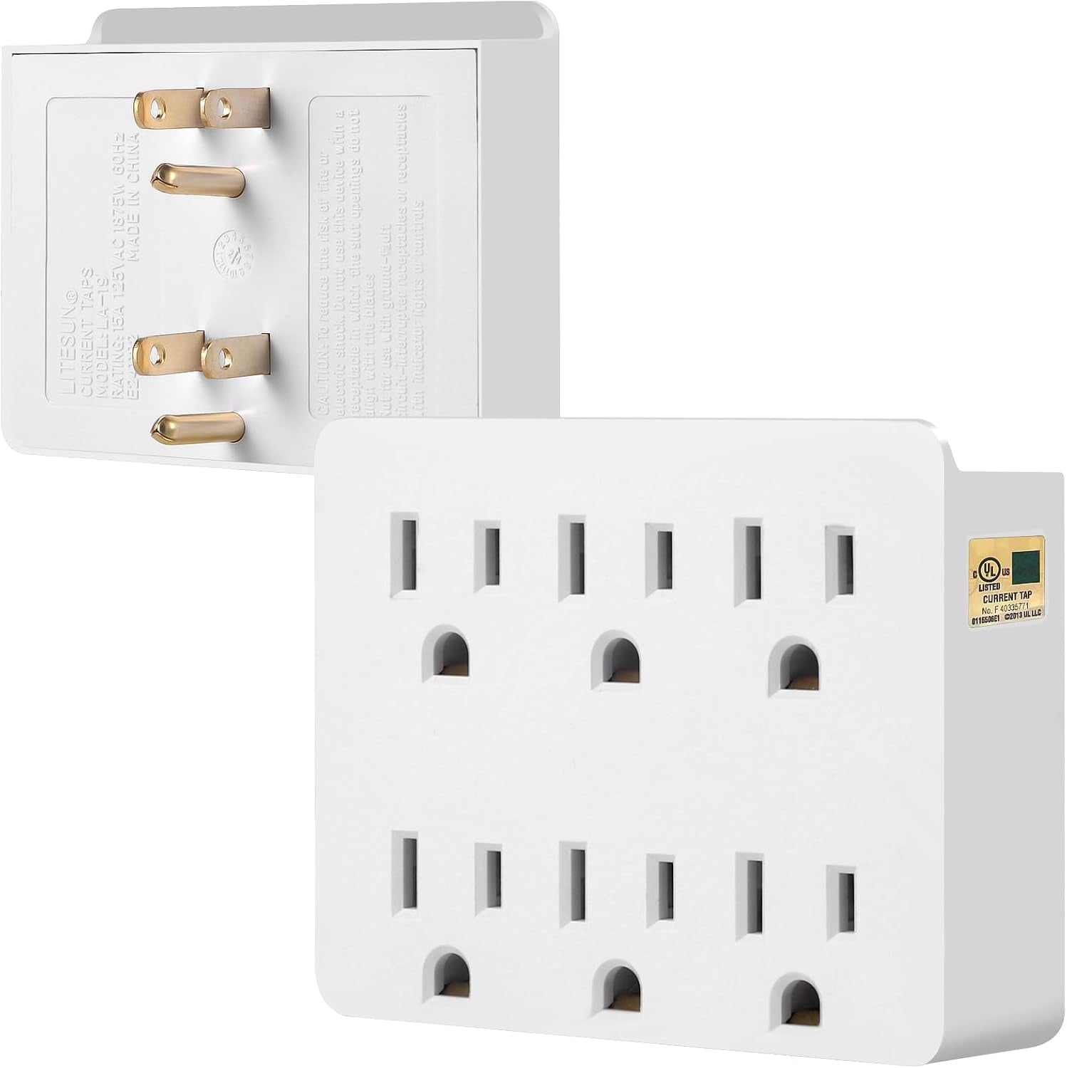 6 Outlet Wall Adapter,  UL Listed 3-Prong Grounded Outlet to the Side, Wall Plug Side Access Adapter, 6 Way Outlet Extender Tap, White (1 Pack)