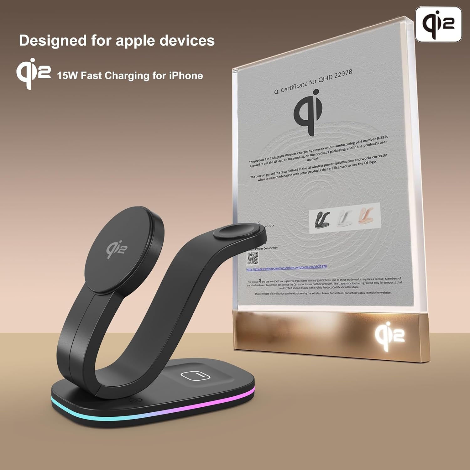 Wireless Charger 3 in 1 for Iphone, Magnetic Charging Station for Apple Family with Adjustable Multicolor Ambient Light, 15W Fast Magsafe Charger Stand,For Iphone17-12-Iwatch Airpods Series