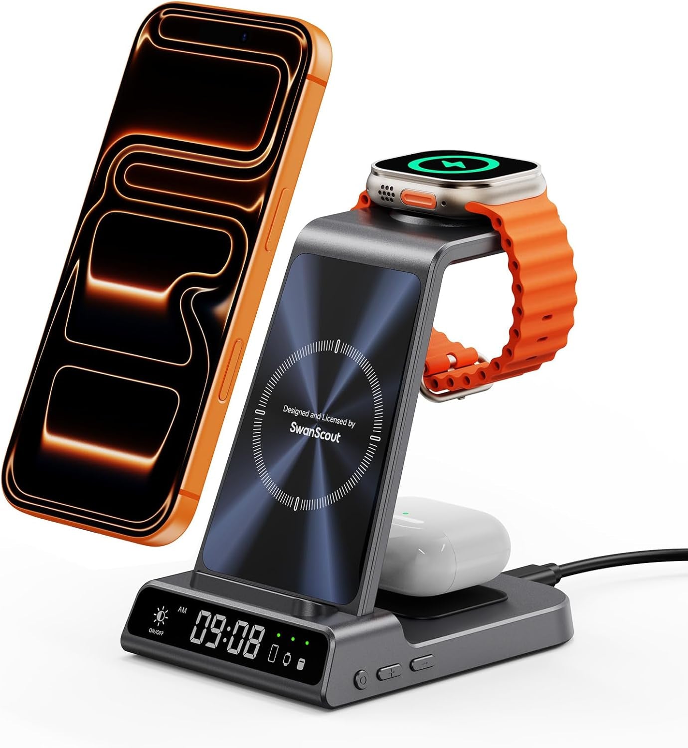 3 in 1 Wireless Charger for Iphone 8-17, Apple Watch Ultra/11, Airpods | Dimmable LED Clock, 5W Apple Watch Fast Charge, Dual-Angle Charging Stand, Case-Friendly, Compact Design, Multi-Protection