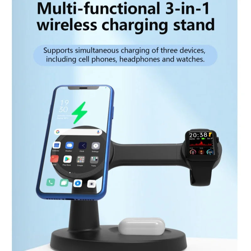 New 3-In-1 Magnetic Wireless Charging Stand for Desktop with 15W Fast Charging for Mobile Phones, Headphones and Watches