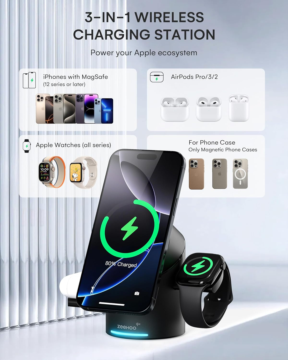 3 in 1 Charging Station for Apple Devices, Mag-Safe Charger Stand, Qi2 15W Auto-Rotating Wireless Charger for Iphone 17 16/15/14/13/12 Series& Airpods& Iwatch(Black)