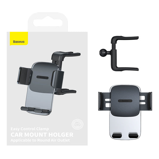 Baseus Easy Control Clamp car phone mount air vent holder for round outlet, secure grip for hands-free use.